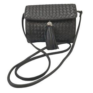 80s Aspects NY Tassel Woven Leather Crossbody/Clutch Bag Slim Strap Gray Silver